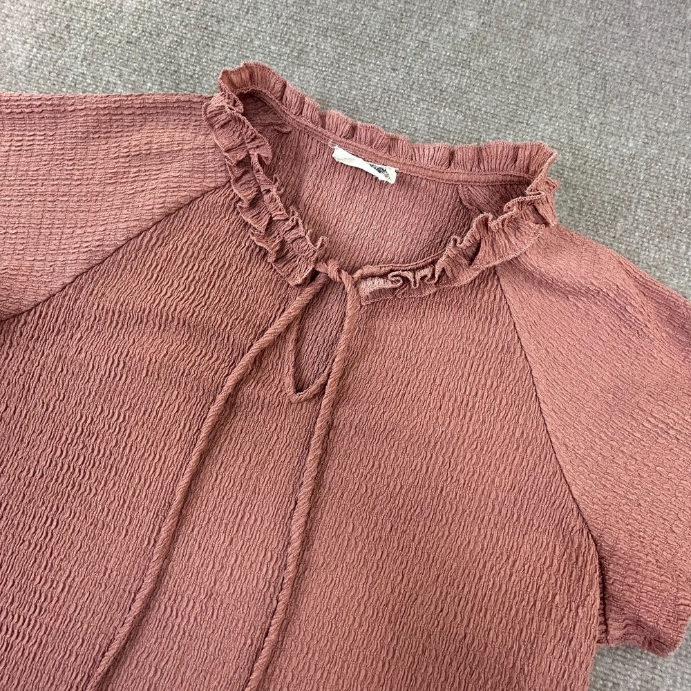Eveleigh Blouse Top Womens XL Mauve Stretch Smocked Ruffle Neck Raglan‎ Sleeve